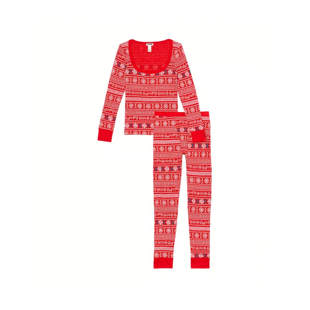 Victoria Secret PINK Thermal Long Pajama Set RED Bright Vermillion Print - SMALL - Picture 1 of 4